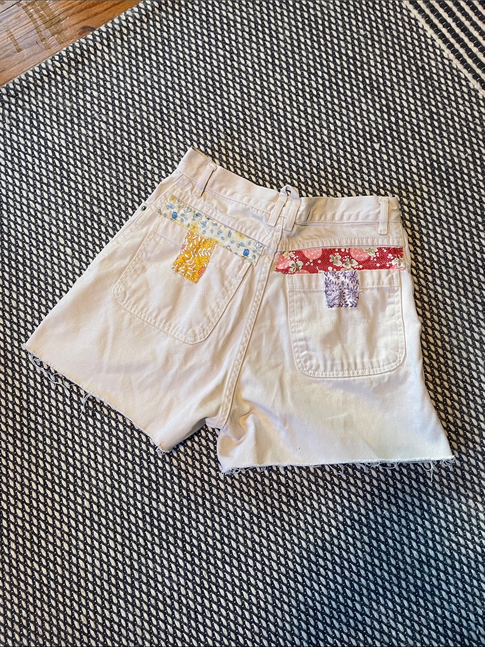Hand stitched quilt patched denim shorts - Picture 2 of 10